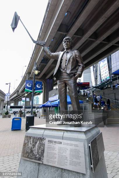 Statue dedicated to former NHL coach Roger Neilson stands outside the venue during the 2019 NHL Draft at Rogers Arena on June 22, 2019 in Vancouver,...