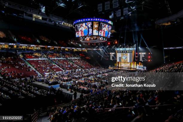 General view of the draft floor prior to the Anaheim Ducks pick during the second round of the 2019 NHL Draft at Rogers Arena on June 22, 2019 in...