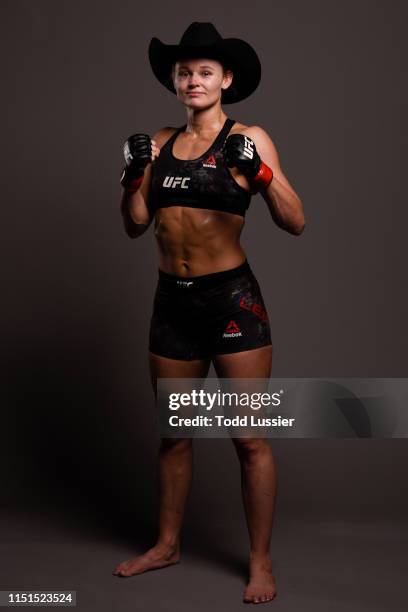 Andrea Lee poses for a portrait backstage during the UFC Fight Night event at Bon Secours Wellness Arena on June 22, 2019 in Greenville, South...