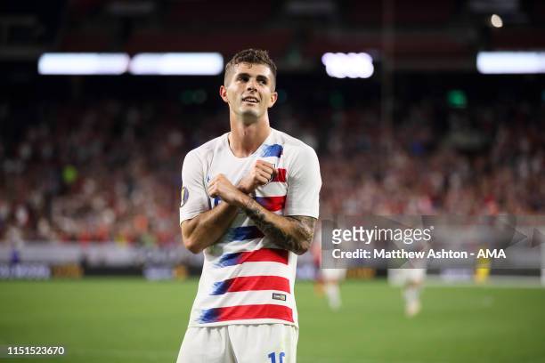 Christian Pulisic of USA celebrates after scoring a goal to make it 4-0 during the Group D 2019 CONCACAF Gold Cup fixture between United States of...