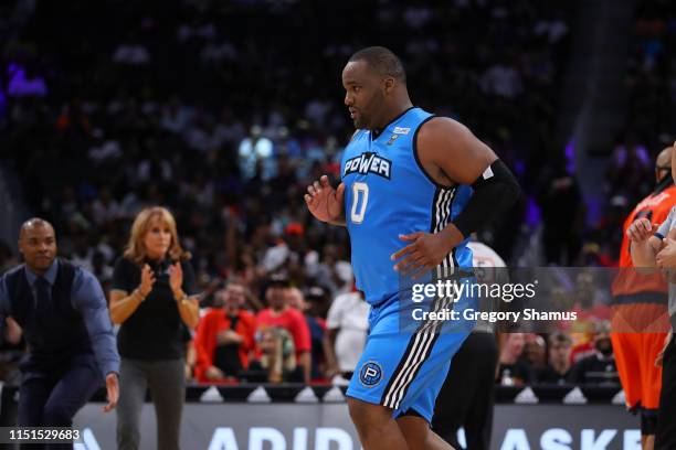 Glen Davis of Power celebrates during the game against during week one of the BIG3 three on three basketball league at Little Caesars Arena on June...