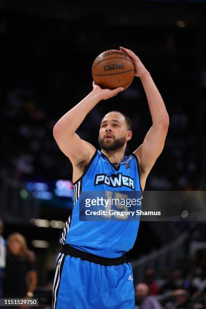Mychel Thompson of Power shoots the ball during week one of the BIG3 three on three basketball league at Little Caesars Arena on June 22, 2019 in...