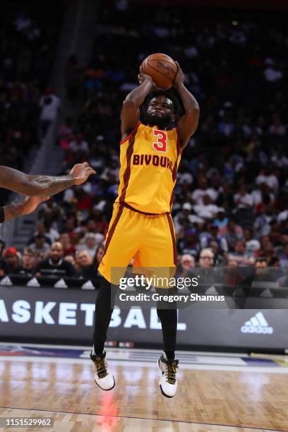 Will Bynum of Bivouac shoots the ball during week one of the BIG3 three on three basketball league at Little Caesars Arena on June 22, 2019 in...