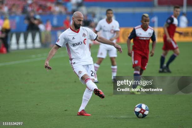 Toronto FC defender Laurent Ciman kicks the ball during the game between FC Dallas and Toronto FC on June 22, 2019 at Toyota Stadium in Frisco, TX.