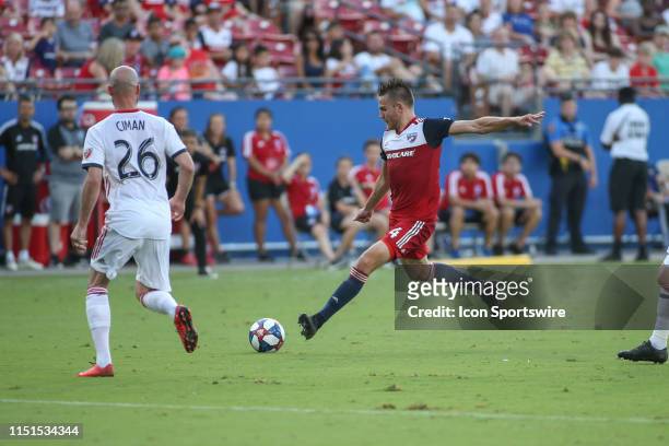 Dallas defender Bressan kicks the ball during the game between FC Dallas and Toronto FC on June 22, 2019 at Toyota Stadium in Frisco, TX.