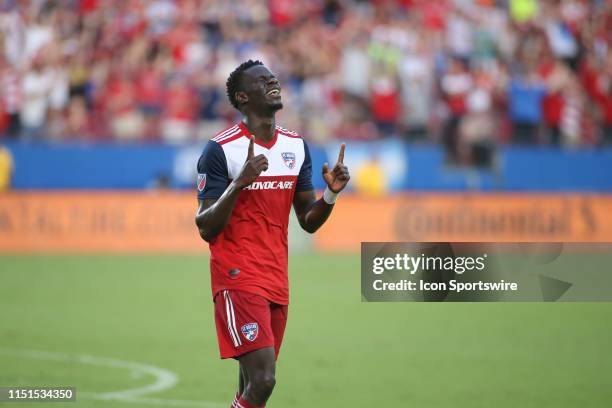 Dallas forward Dominique Badji celebrates after scoring a goal during the game between FC Dallas and Toronto FC on June 22, 2019 at Toyota Stadium in...