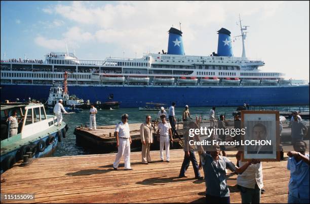 The Achille Lauro liner leaves Port Said harbor, after being released from terrorists led by Palestinian militant Abu Abbas, Egypt in October, 1985.