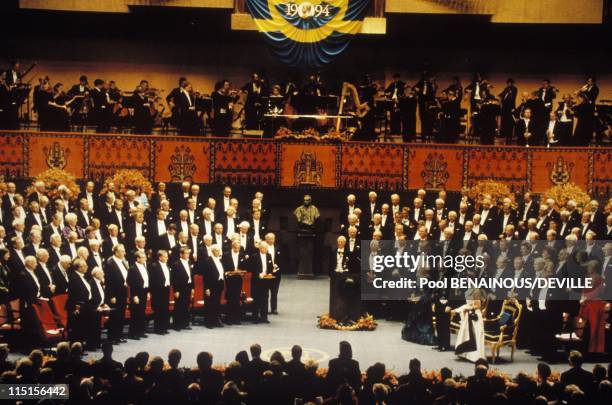 Alfred Nobel and the prizes in Stockholm, Sweden in May, 1996 - 61 laureates receiving their prizes.