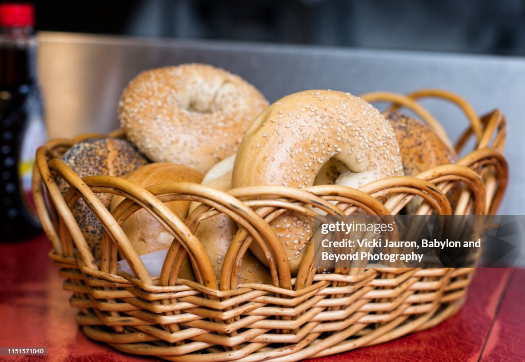 Wicker Bag with Fresh NY Bagels in a Diner on Long Island