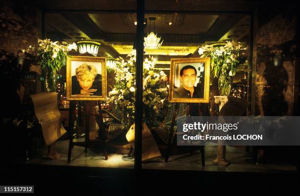 Portraits of Diana and Dodi in Harrods' store windows in London, United Kingdom on September 30, 1997.