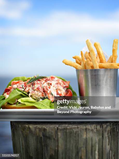 lobster roll and french fries against ocean view on long island - lobster dinner stock pictures, royalty-free photos & images