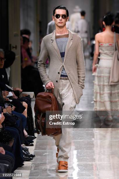 Model walks the runway during the Giorgio Armani Cruise 2020 Collection at the Tokyo National Museum on May 24, 2019 in Tokyo, Japan.