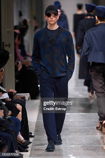 Model walks the runway during the Giorgio Armani Cruise 2020 Collection at the Tokyo National Museum on May 24, 2019 in Tokyo, Japan.