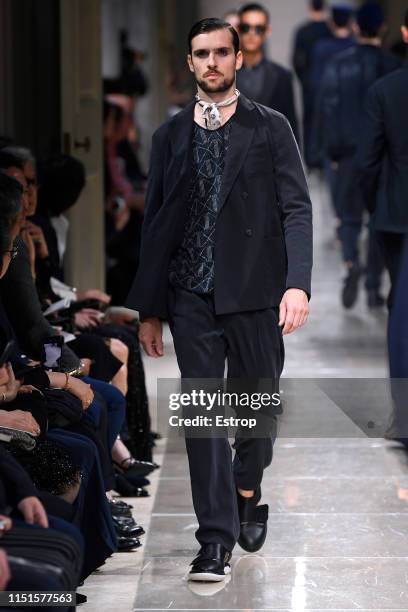 Model walks the runway during the Giorgio Armani Cruise 2020 Collection at the Tokyo National Museum on May 24, 2019 in Tokyo, Japan.