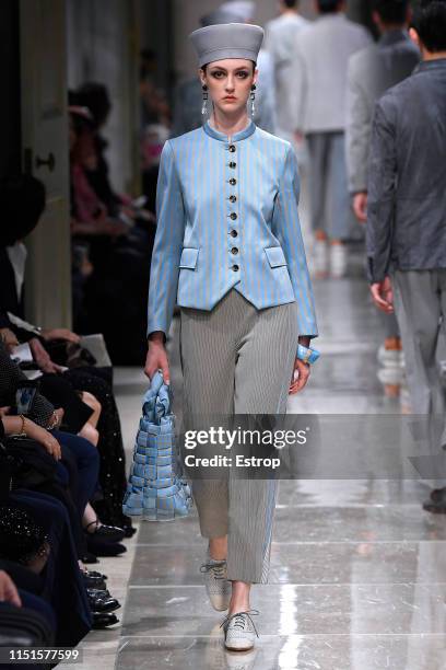 Model walks the runway during the Giorgio Armani Cruise 2020 Collection at the Tokyo National Museum on May 24, 2019 in Tokyo, Japan.