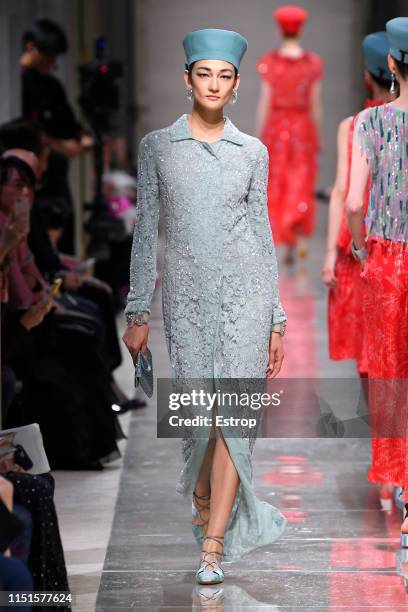 Model walks the runway during the Giorgio Armani Cruise 2020 Collection at the Tokyo National Museum on May 24, 2019 in Tokyo, Japan.