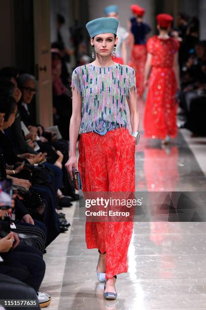 Model walks the runway during the Giorgio Armani Cruise 2020 Collection at the Tokyo National Museum on May 24, 2019 in Tokyo, Japan.