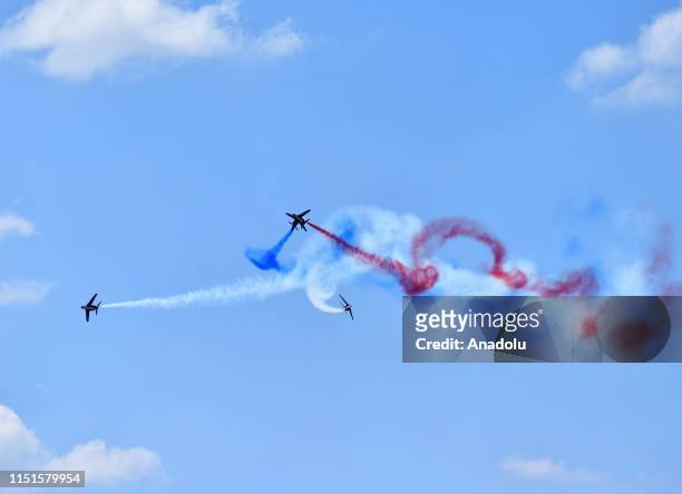 Alpha jets of the French Air Force Patrouille de France performs during the 53rd International Paris Air Show at Le Bourget Airport near Paris,...