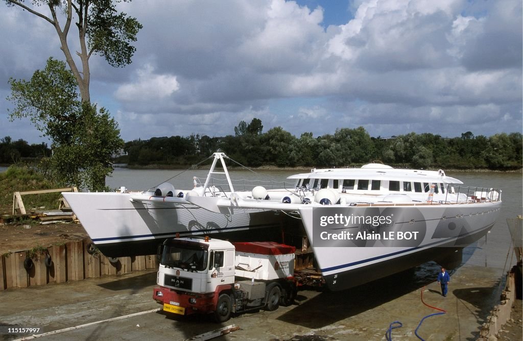 The"Douce France 1" Catamaran Sailing, The Biggest Catamaran Of The World In Nantes, France On September 07, 1998.