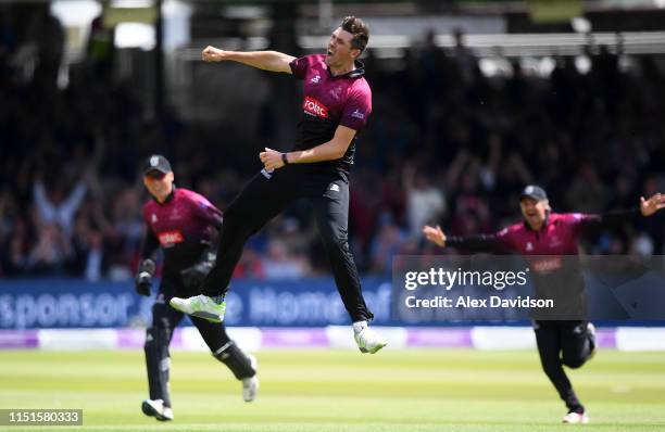Jamie Overton of Somerset celebrates the wicket of Rilee Rossouw of Hampshire during the Royal London One Day Cup Final match between Somerset and...