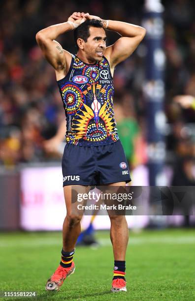 Eddie Betts of the Adelaide Crows laments a missed shot at goal during the round 10 AFL match between the Adelaide Crows and the West Coast Eagles at...