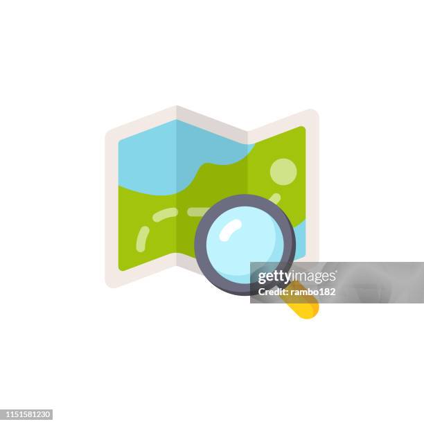 map with magnifying glass flat icon. pixel perfect. for mobile and web. - reference guide icon stock illustrations