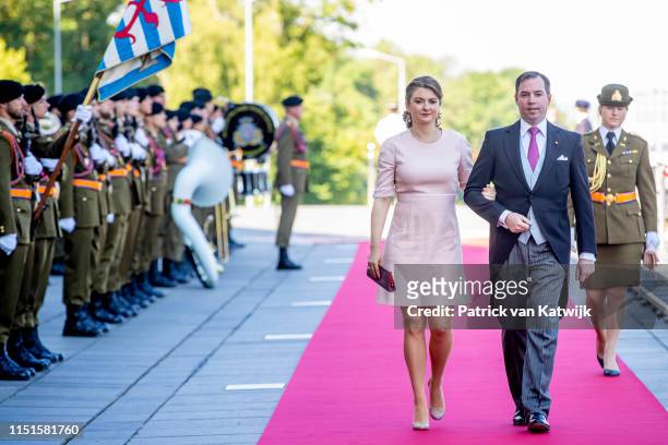Hereditary Grand Duke Guillaume of Luxembourg and Hereditary Grand Duchess Stephanie of Luxembourg arrive at the Philiarmonie for the concert on the...