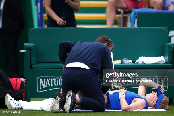 Harriet Dart of Great Britain receives treatment during her Women's singles match against Anett Kontaveit of Estonia during qualifying for the Nature...