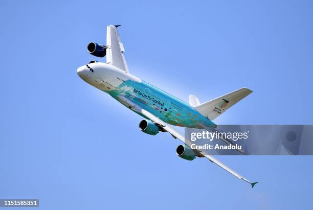 An Airbus A380 aircraft performs during the 53rd International Paris Air Show at Le Bourget Airport near Paris, France on June 23, 2019. Airbus A380...