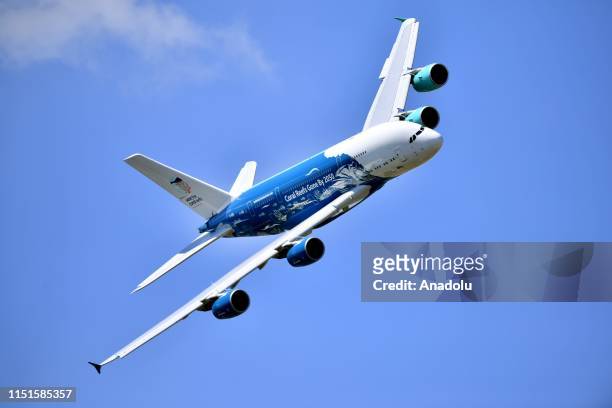 An Airbus A380 aircraft performs during the 53rd International Paris Air Show at Le Bourget Airport near Paris, France on June 23, 2019. Airbus A380...