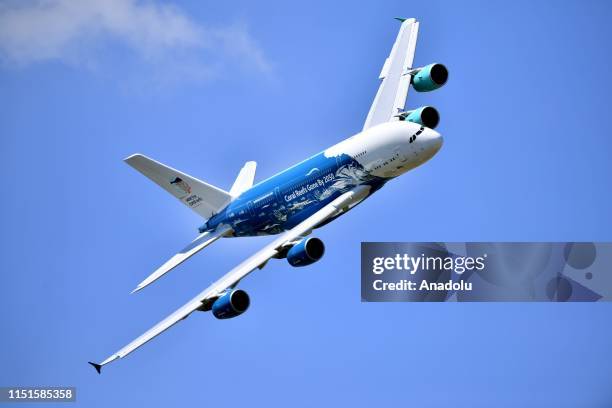 An Airbus A380 aircraft performs during the 53rd International Paris Air Show at Le Bourget Airport near Paris, France on June 23, 2019. Airbus A380...