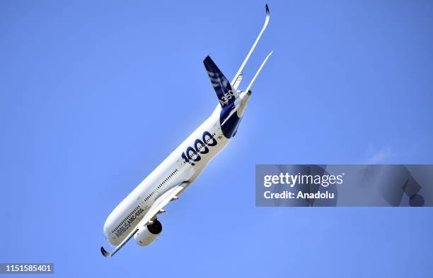 An Airbus A350 performs during the 53rd International Paris Air Show at Le Bourget Airport near Paris, France on June 23, 2019.