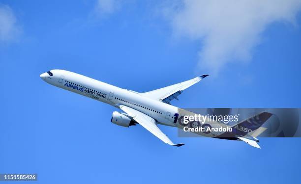 An Airbus A350 performs during the 53rd International Paris Air Show at Le Bourget Airport near Paris, France on June 23, 2019.