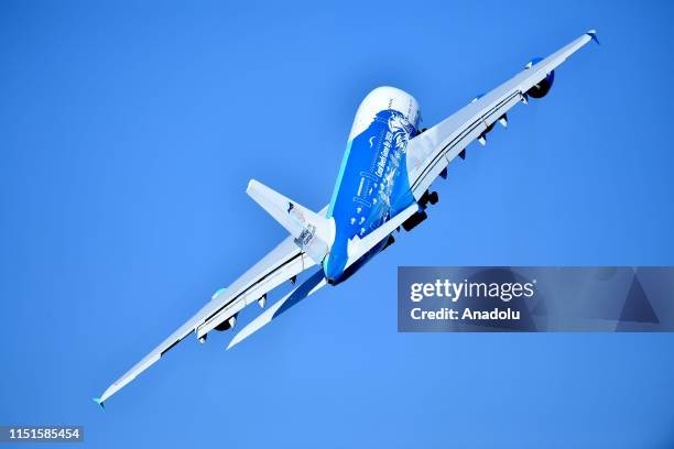 An Airbus A380 aircraft performs during the 53rd International Paris Air Show at Le Bourget Airport near Paris, France on June 23, 2019. Airbus A380...