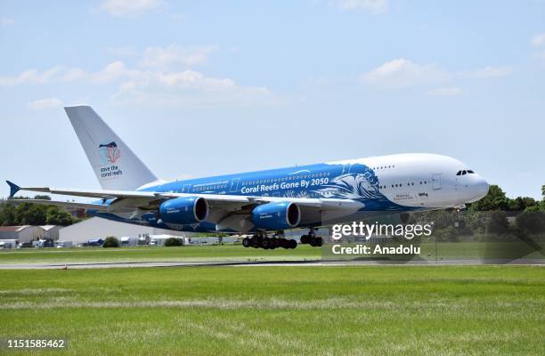 An Airbus A380 is taxiing down the runway during the 53rd International Paris Air Show at Le Bourget Airport near Paris, France on June 23, 2019.