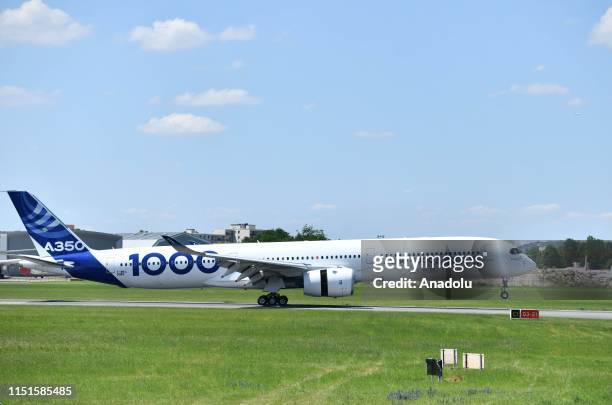 An Airbus A350 is taxiing down the runway during the 53rd International Paris Air Show at Le Bourget Airport near Paris, France on June 23, 2019.