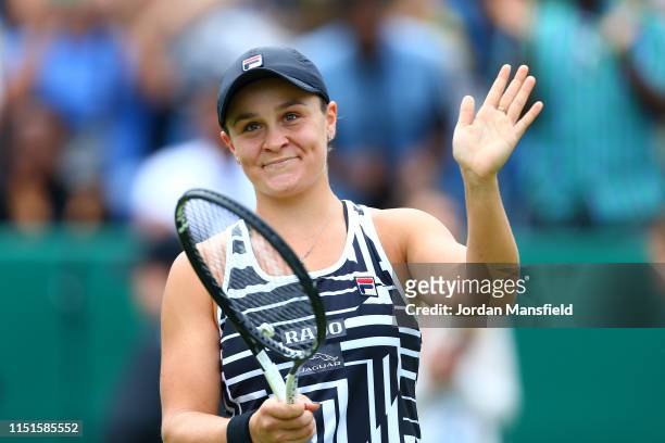 Ashleigh Barty of Australia acknowledges the crowd following her victory in the final match during day seven of the Nature Valley Classic at...