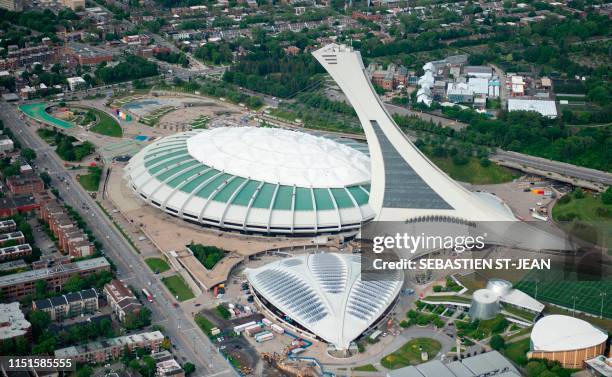 An aerial photo of the Montreal Olympic Stadium is viewed on June 21, 2019 in Montreal, Quebec, Canada.