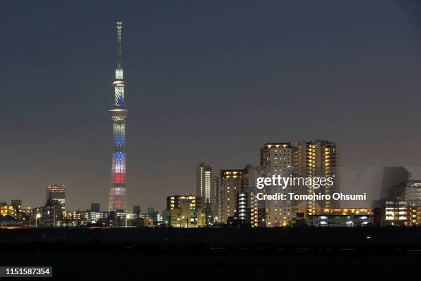 The Tokyo Skytree is illuminated with the colors of the U.S. National flag at night on May 25, 2019 in Tokyo, Japan. U.S President Donald Trump...