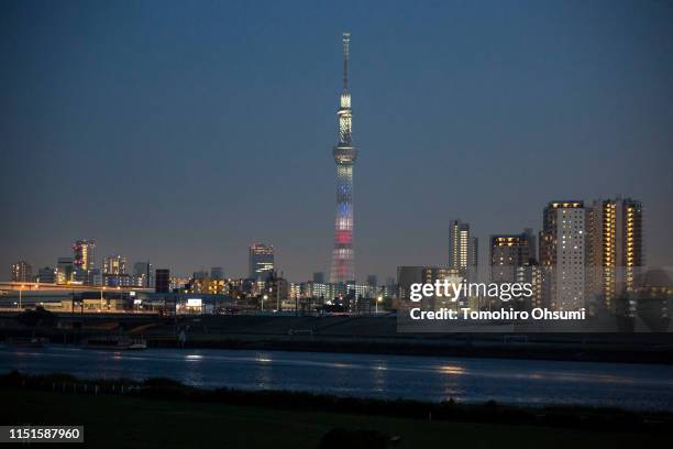 The Tokyo Skytree is illuminated with the colors of the U.S. National flag at night on May 25, 2019 in Tokyo, Japan. U.S President Donald Trump...