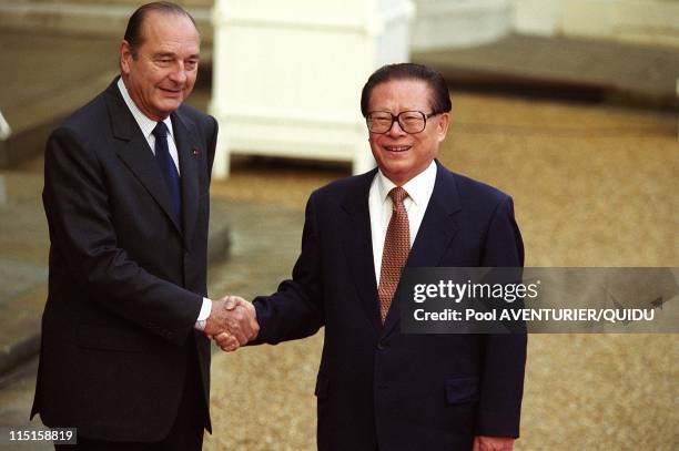 Chinese President Jiang Zemin at Elysee Palace in Paris, France on October 25, 1999 - With French President Jacques Chirac.