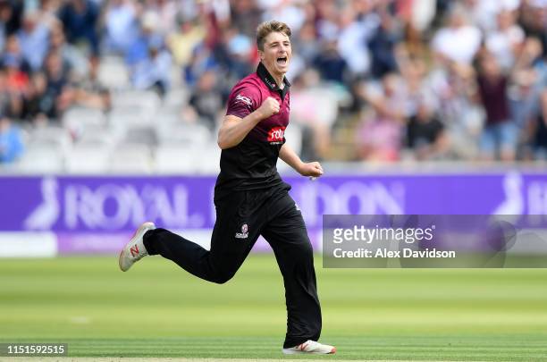 Tom Abell of Somerset celebrates the wicket of Kyle Abbott of Hampshire during the Royal London One Day Cup Final match between Somerset and...