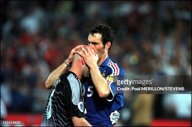 Euro 2000: French team receive the cup in Rotterdam, Netherlands on July 02, 2000 - Blanc and Barthez.
