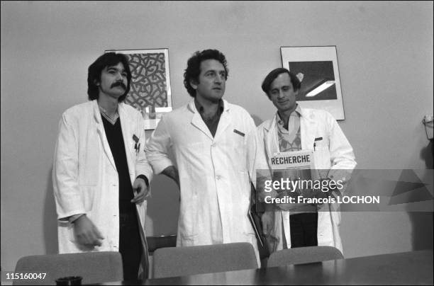 France's first test tube baby - the "fathers" of Amandine in Clamart, France on February 24, 1982 - Bruno Lassalle, biologist, Professor Frydman and...