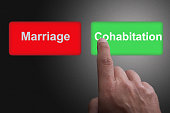 Buttons with written marriage and cohabitation and pointing finger, on a gray gradient background