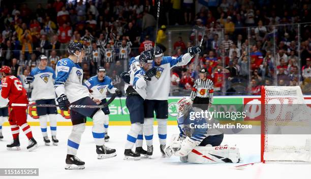 Kevin Lankinen, goaltender of Finland celebrate with his team mates victory over Russia the 2019 IIHF Ice Hockey World Championship Slovakia semi...