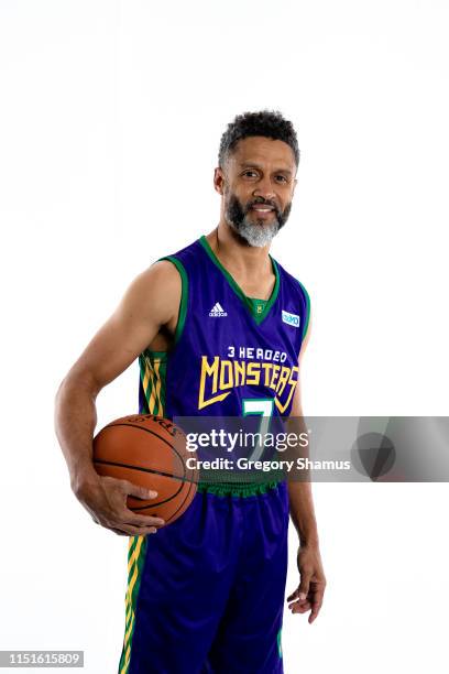 Mahmoud Abdul-Rauf of 3 Headed Monsters poses for a portrait during week one of the BIG3 three on three basketball league at Little Caesars Arena on...