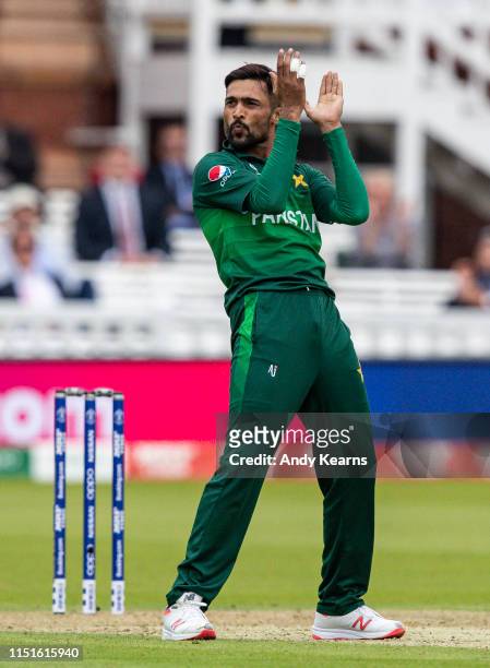 Mohammad Amir of Pakistan celebrates after taking the wicket of Faf du Plessis of South Africa during the Group Stage match of the ICC Cricket World...