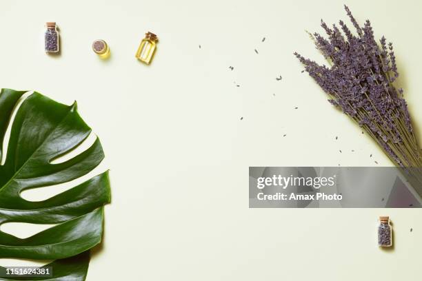 top view of lavender oil body care products with sunlight. aromatherapy, spa and natural healthcare concept, flat lay - organic cosmetics stock pictures, royalty-free photos & images