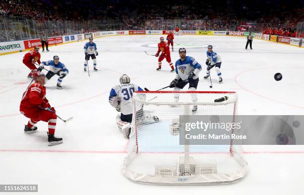 Kevin Lankinen, goaltender of Finland tends net against Russia during the 2019 IIHF Ice Hockey World Championship Slovakia semi final game between...